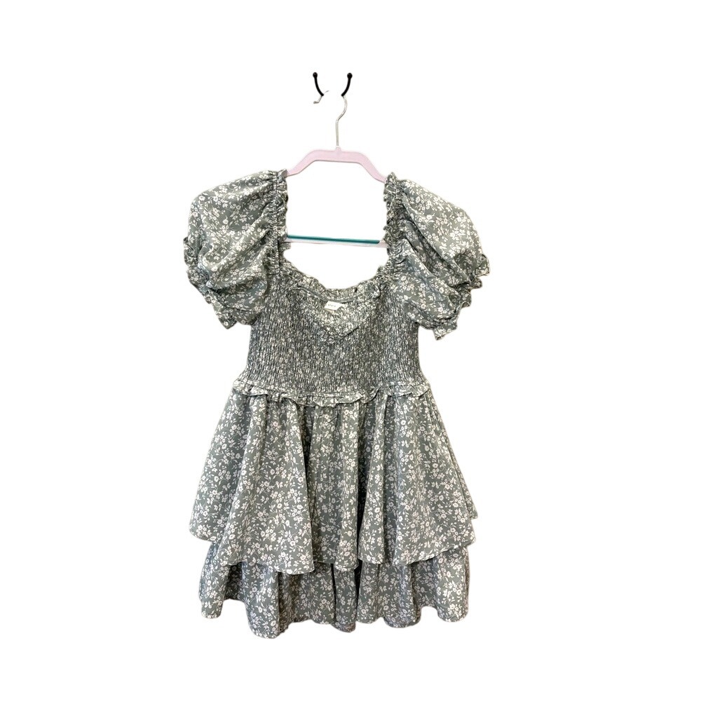 Altar'd State Sage Green Floral Smocked Puff Sleeve Tiered Mini Dress Romper